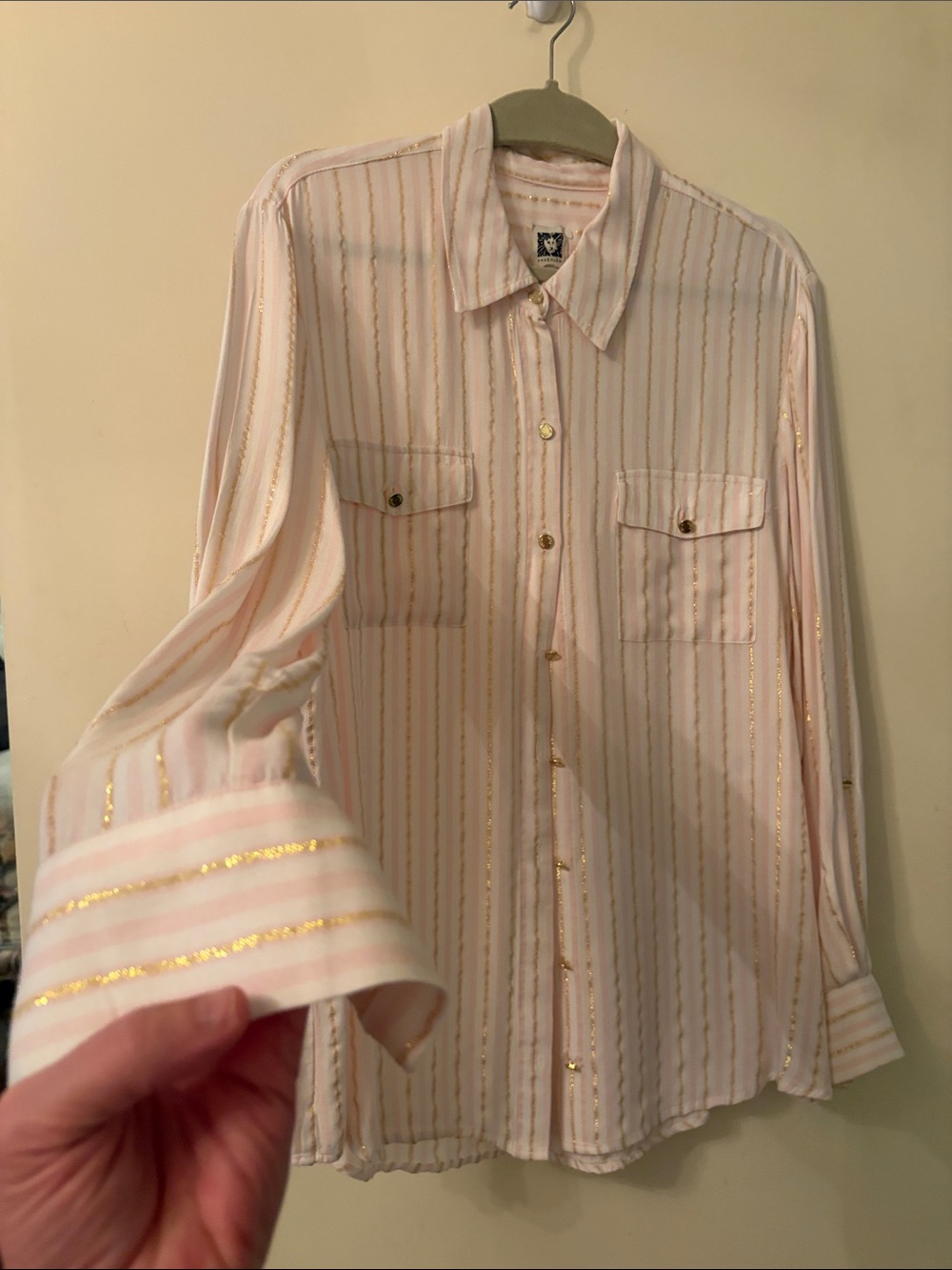 Anne Klein Light Pink Button-Down Shirt with Gold Stripe Detail